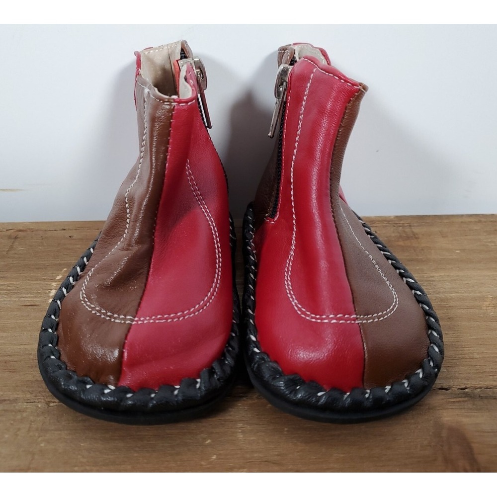 See Kai Run Leather Boots Sz 3 Side Zipper Brown & Red Moccasin Like Stitching